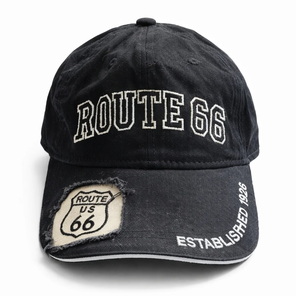 ROUTE 66 Distressed Black Cap with Embroidered Patch
